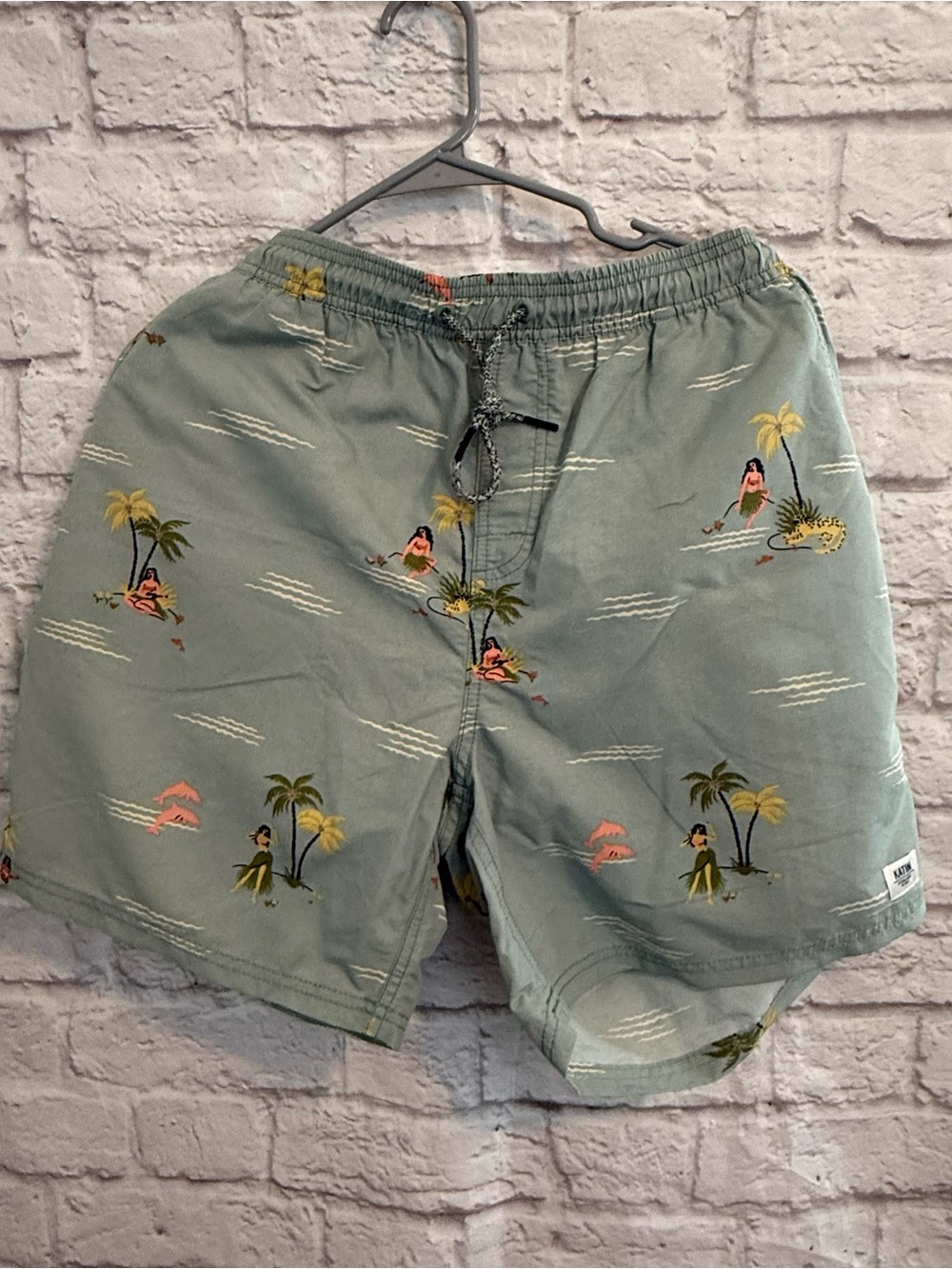 Katin Lazy Days Swim Trunks tropical print,hula girls, palm trees mens XL NWT